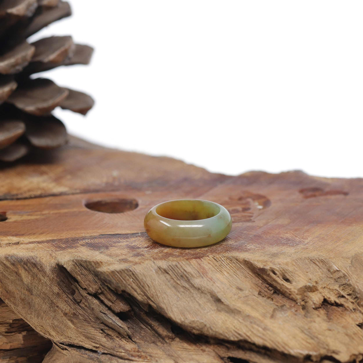 Baikalla Natural Icy Honey-Brown &amp; Green Burmese Jadeite Jade Traditional Ring 