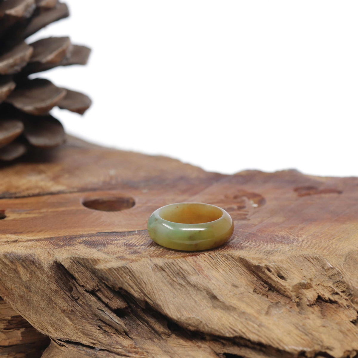 Baikalla Natural Icy Honey-Brown &amp; Green Burmese Jadeite Jade Traditional Ring 