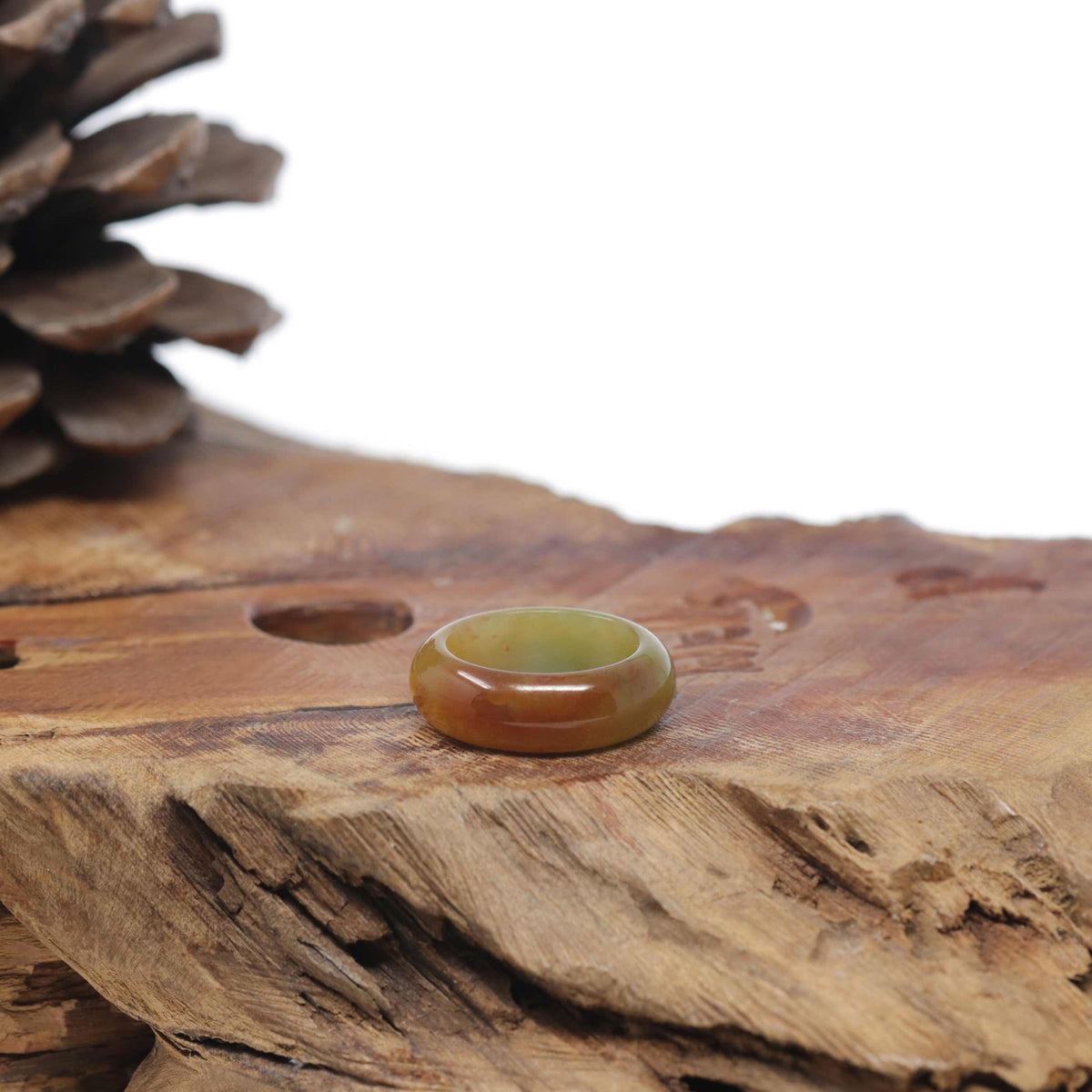 Baikalla Natural Icy Honey-Brown &amp; Green Burmese Jadeite Jade Traditional Ring 