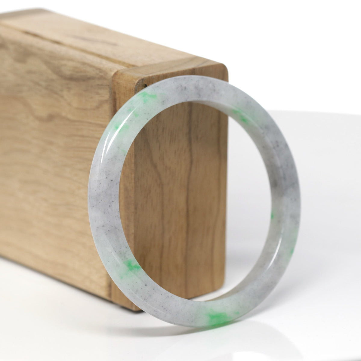 Baikalla Natural Black Sesame Wuji &amp; Vibrant Green Flowers Jadeite Jade "Petite Half Round" Bangle Bracelet (55.3mm) 