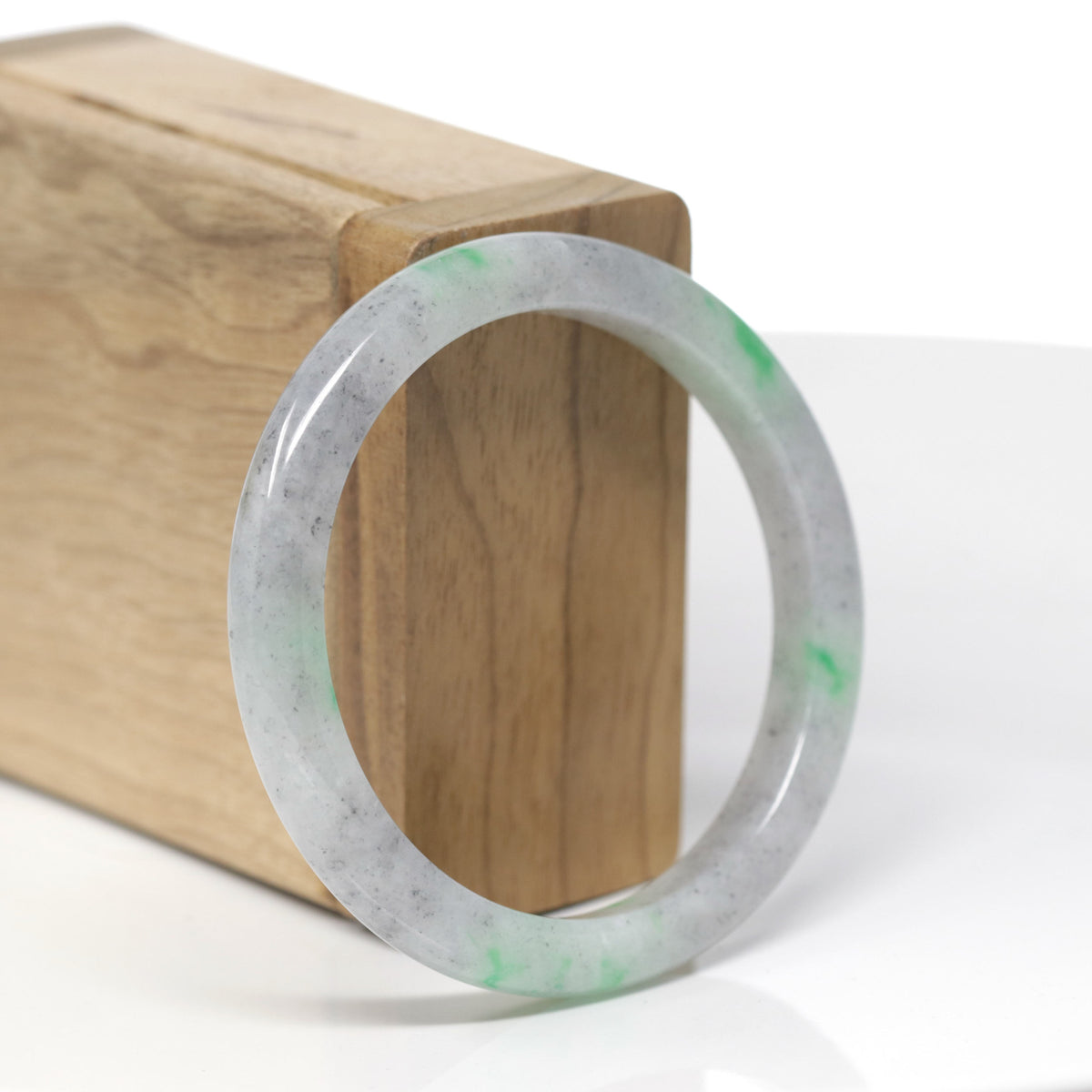 Baikalla Natural Black Sesame Wuji &amp; Vibrant Green Flowers Jadeite Jade "Petite Half Round" Bangle Bracelet (55.3mm) 