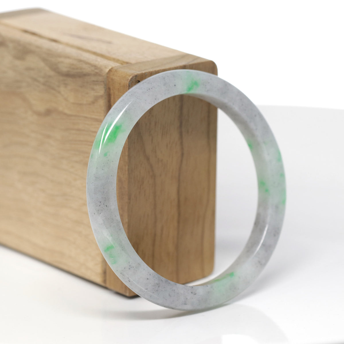 Baikalla Natural Black Sesame Wuji &amp; Vibrant Green Flowers Jadeite Jade "Petite Half Round" Bangle Bracelet (55.3mm) 