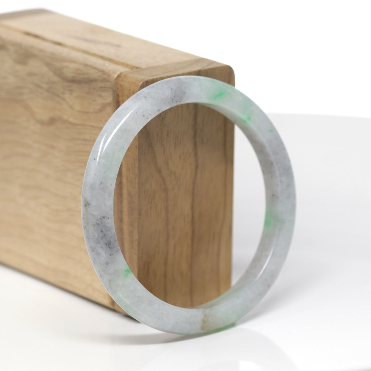 Baikalla Natural Black Sesame Wuji &amp; Vibrant Green Flowers Jadeite Jade "Petite Half Round" Bangle Bracelet (55.3mm) 
