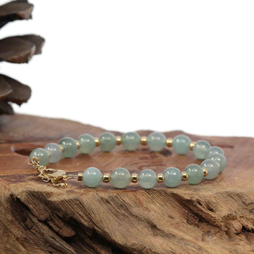 Baikalla Jewelry jade beads bracelet 6.5 inches Baikalla High Genuine Ice Jadeite Jade Round Beads Bracelet With 18K Yellow Gold Clasp ( 6.5 mm )