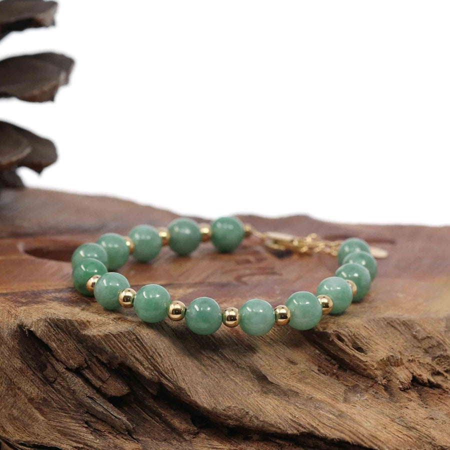 Baikalla Jewelry jade beads bracelet 6.5 inches Baikalla Genuine Green Jadeite Jade Round Beads Bracelet With 18K Yellow Gold Clasp and Gold Beads ( 7 mm )