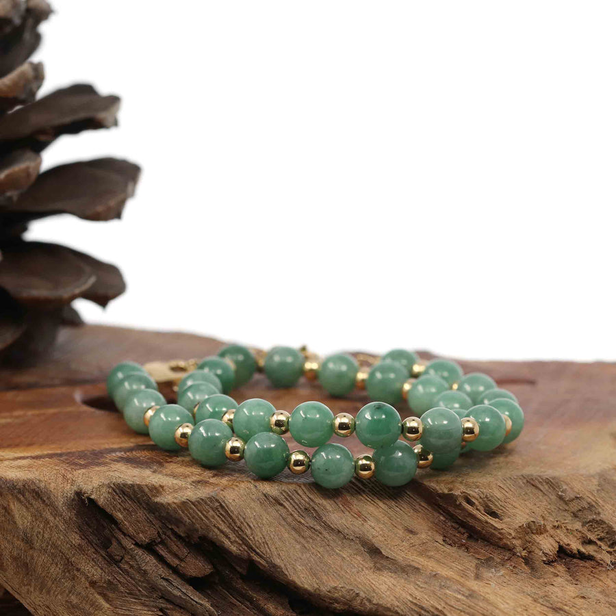 Baikalla Jewelry jade beads bracelet Baikalla Genuine Green Jadeite Jade Round Beads Bracelet With 18K Yellow Gold Clasp and Gold Beads ( 7 mm )