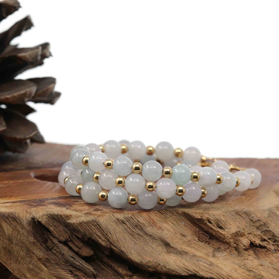 Baikalla Jewelry jade beads bracelet 6.5 inches Baikalla Genuine High Ice  Light Lavender Jadeite Jade Round Beads Bracelet With 18K Yellow Gold Clasp and Gold Beads ( 7 mm )