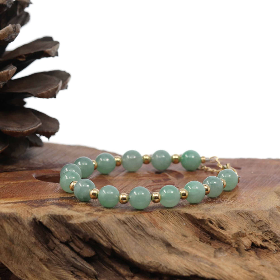 Baikalla Jewelry jade beads bracelet Baikalla Genuine Ice Green Jadeite Jade Round Beads Bracelet With 18K Yellow Gold Clasp and Gold Beads ( 7.8 mm )
