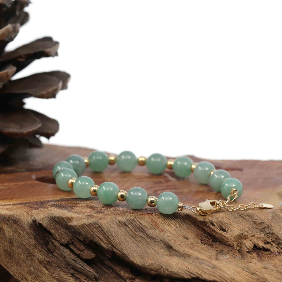Baikalla Jewelry jade beads bracelet Baikalla Genuine Ice Green Jadeite Jade Round Beads Bracelet With 18K Yellow Gold Clasp and Gold Beads ( 7.8 mm )