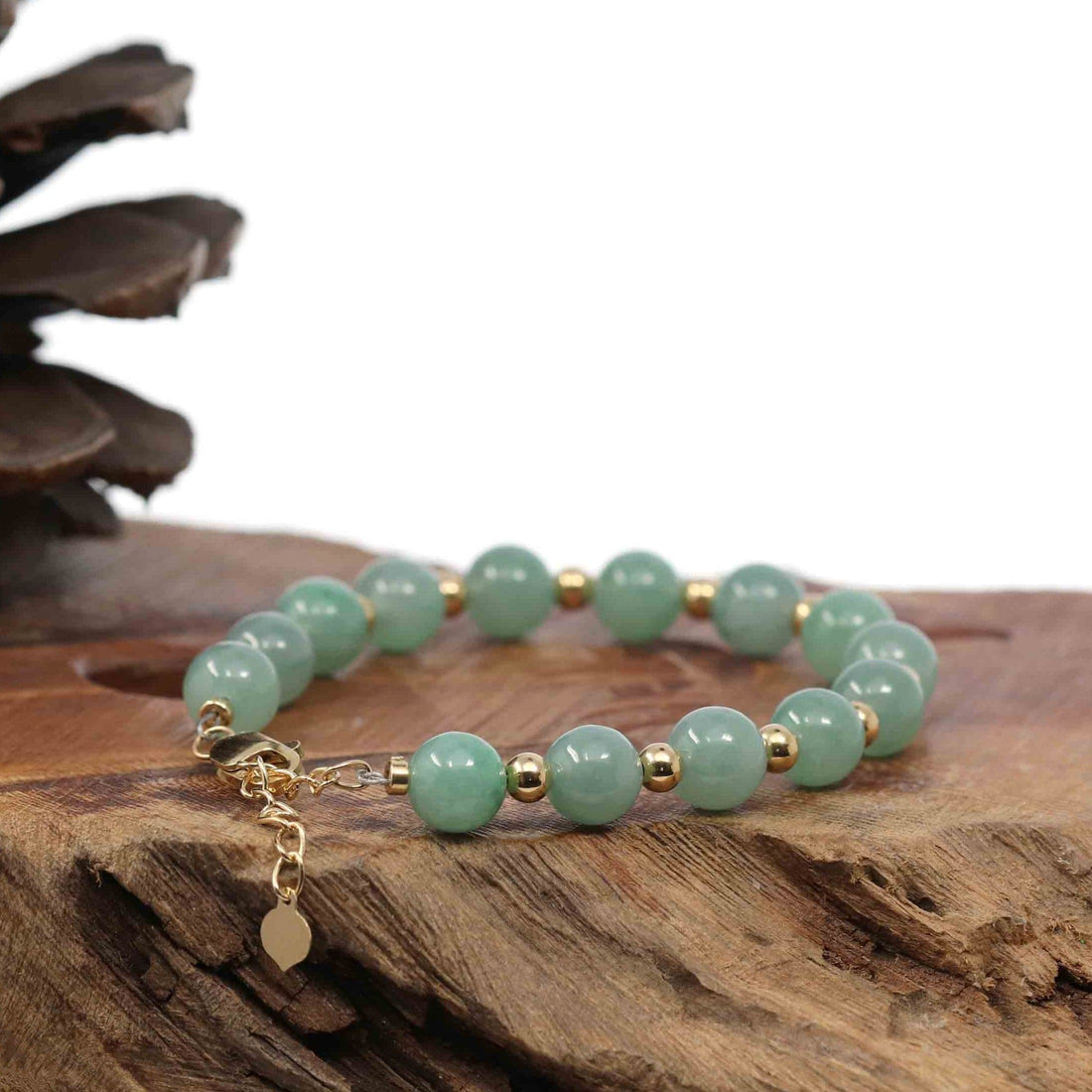 Baikalla Jewelry jade beads bracelet 6.5 inches Baikalla Genuine Ice Green Jadeite Jade Round Beads Bracelet With 18K Yellow Gold Clasp and Gold Beads ( 7.8 mm )