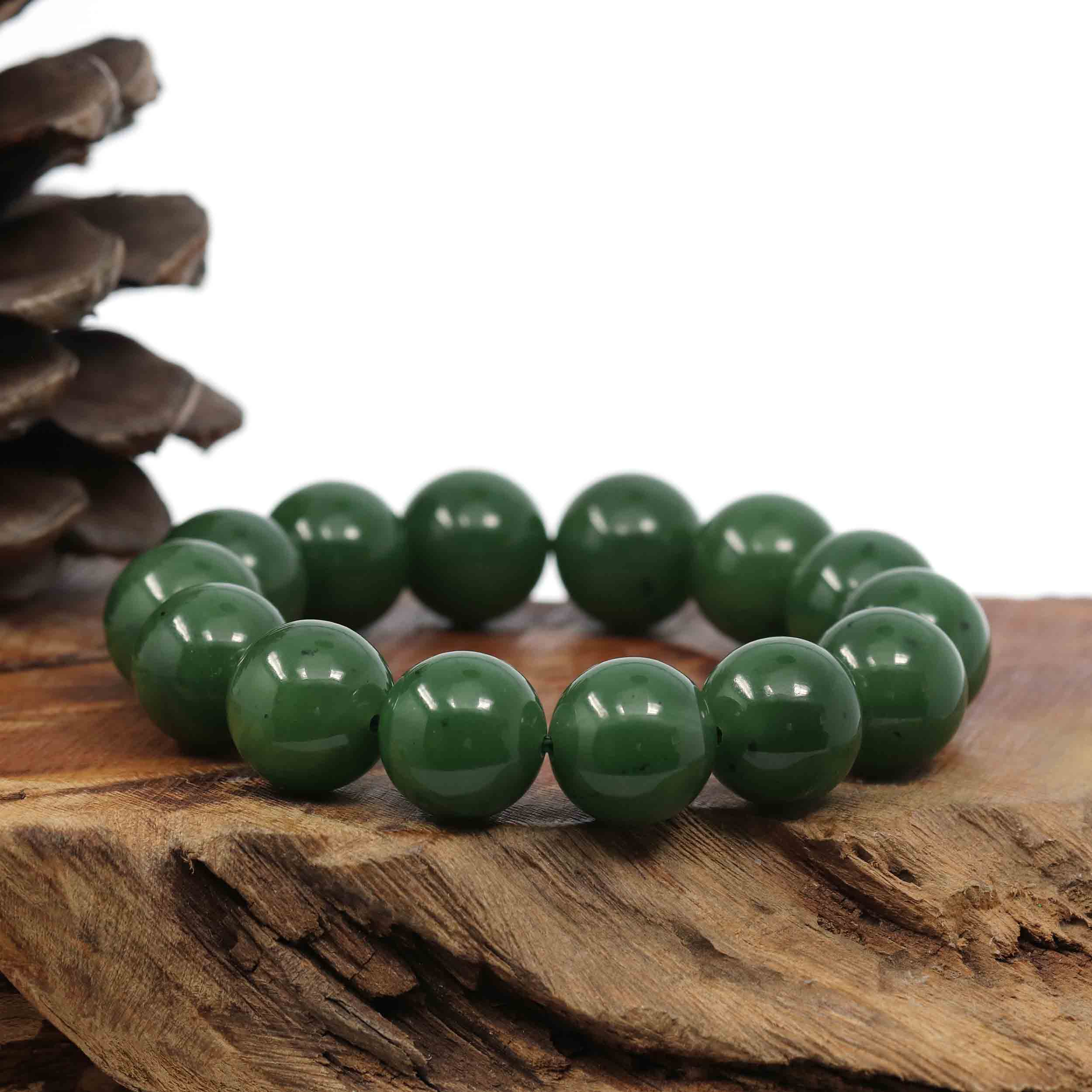 Baikalla High Quality Green Nephrite Jade Large Round Beads Men's