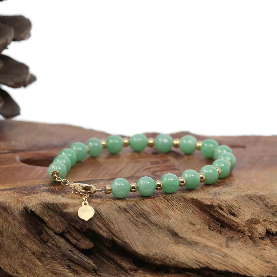 Baikalla Jewelry jade beads bracelet Baikalla Genuine Green Jadeite Jade Round Beads Bracelet With 18K Yellow Gold Clasp and Gold Beads ( 6 mm )