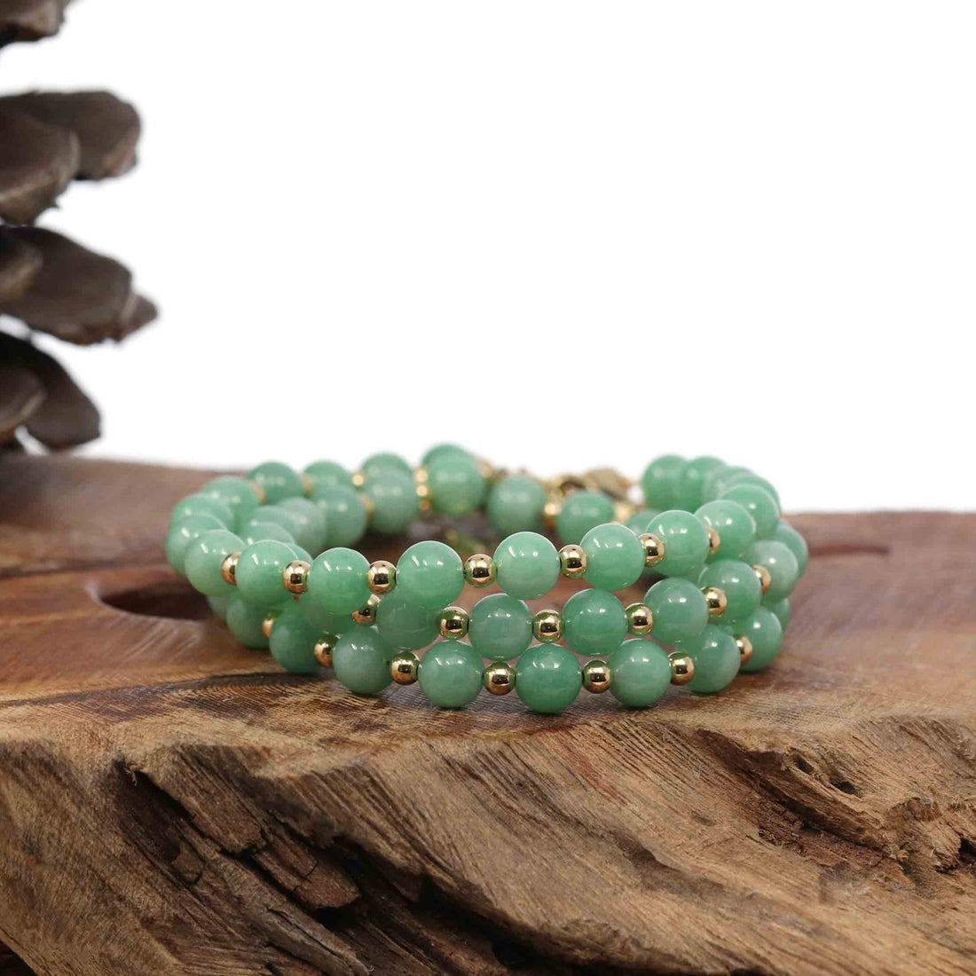 Baikalla Jewelry jade beads bracelet 6.5 inches Baikalla Genuine Green Jadeite Jade Round Beads Bracelet With 18K Yellow Gold Clasp and Gold Beads ( 6 mm )