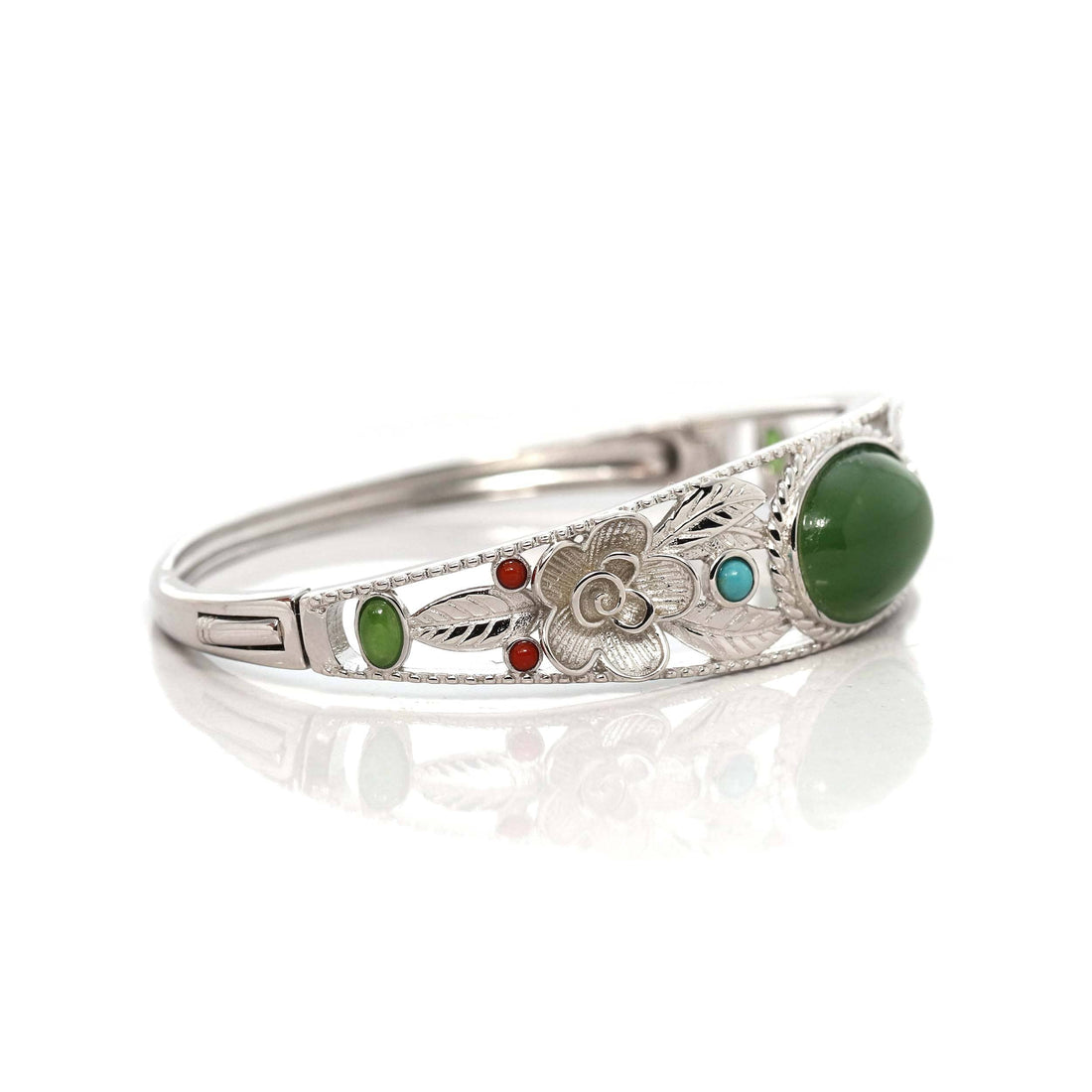 Baikalla Jewelry Sterling silver Jade Bangle Bracelet Copy of Sterling Silver Genuine Nephrite Green Jade Bracelet Bangle, Real Green Jade Jewelry