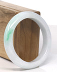 Natural "Moss In Snow" White Base Green Flower Jadeite Jade Bangle Bracelet (56.3mm) 