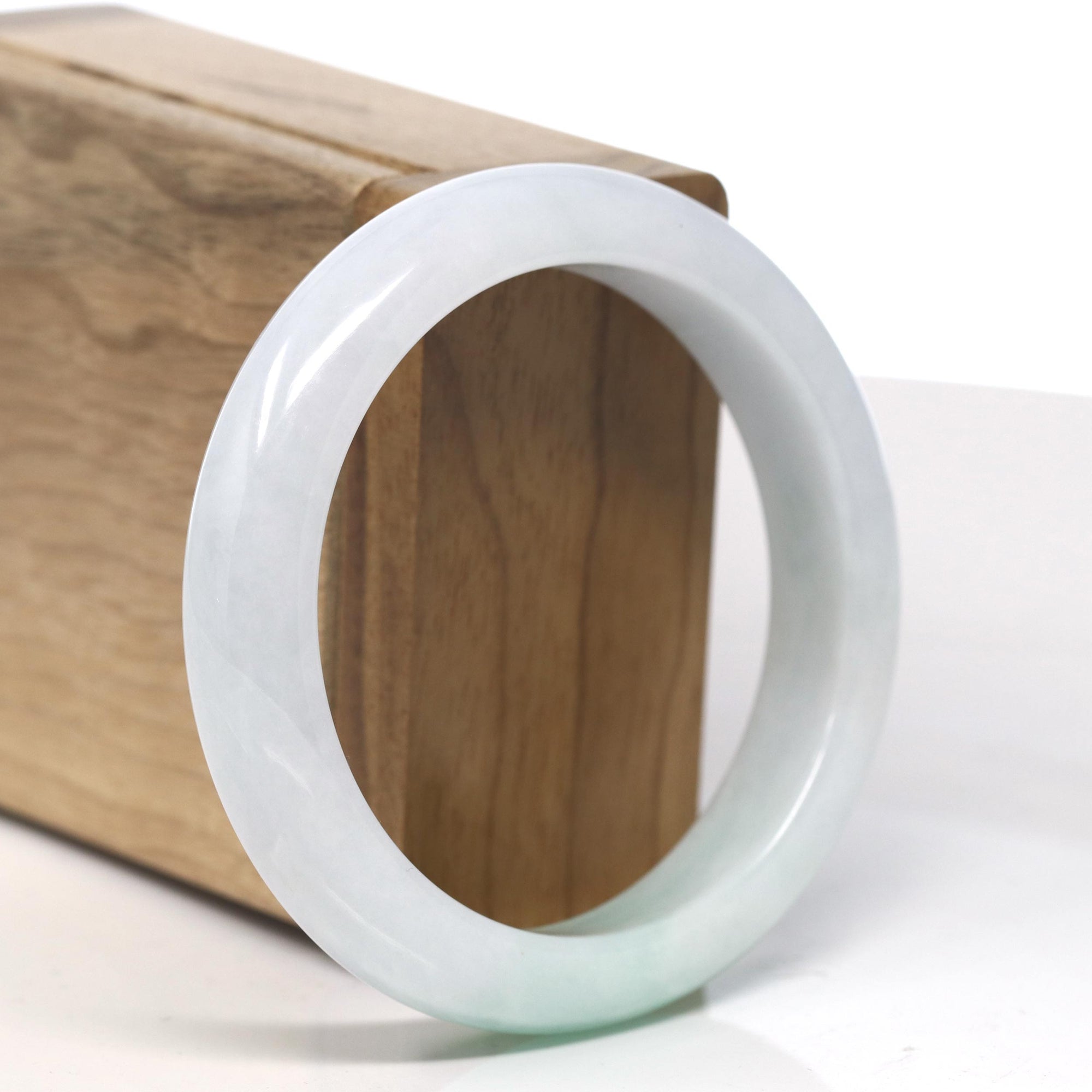 Natural &quot;Moss In Snow&quot; White Base Green Flower Jadeite Jade Bangle Bracelet (56.3mm) 