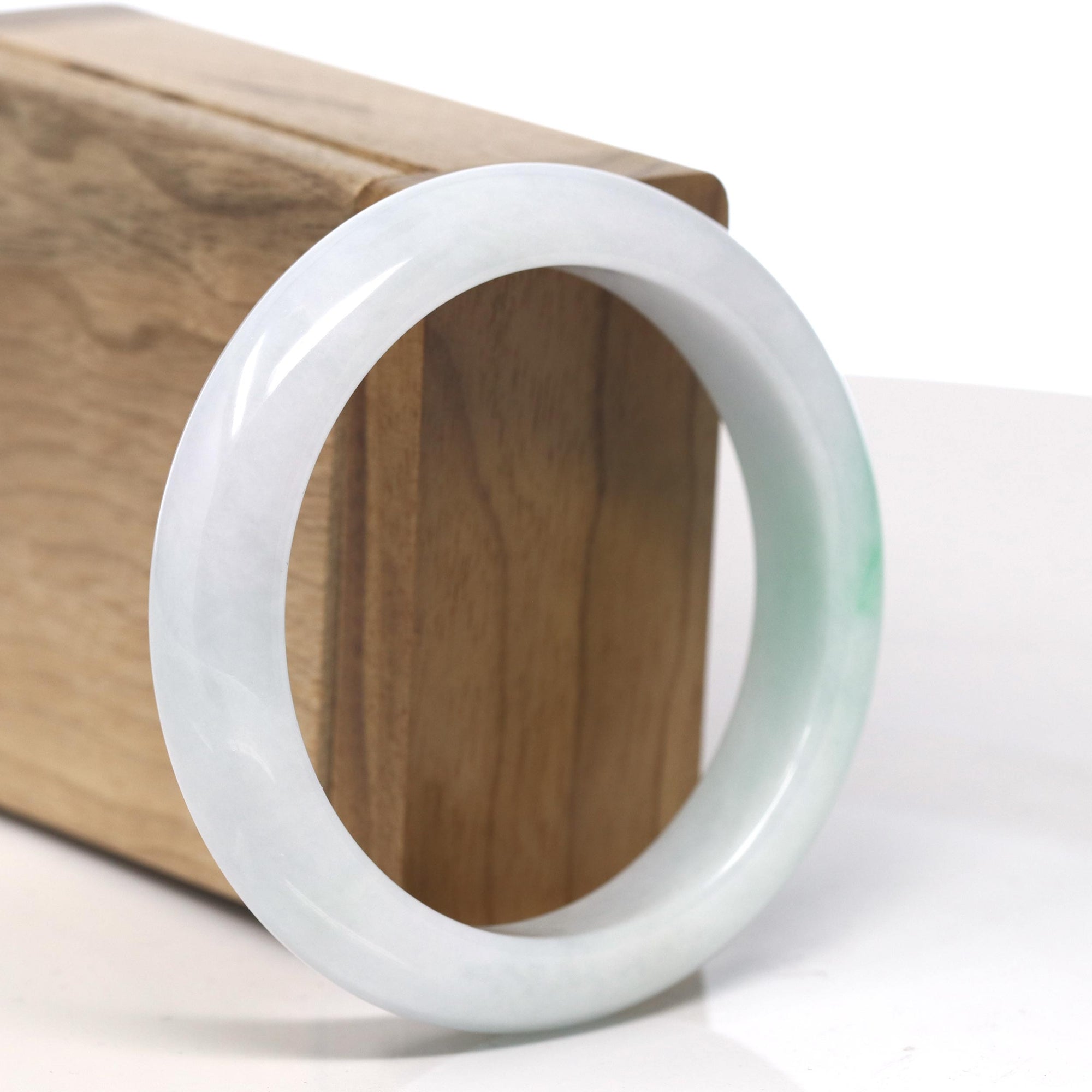 Natural &quot;Moss In Snow&quot; White Base Green Flower Jadeite Jade Bangle Bracelet (56.3mm) 