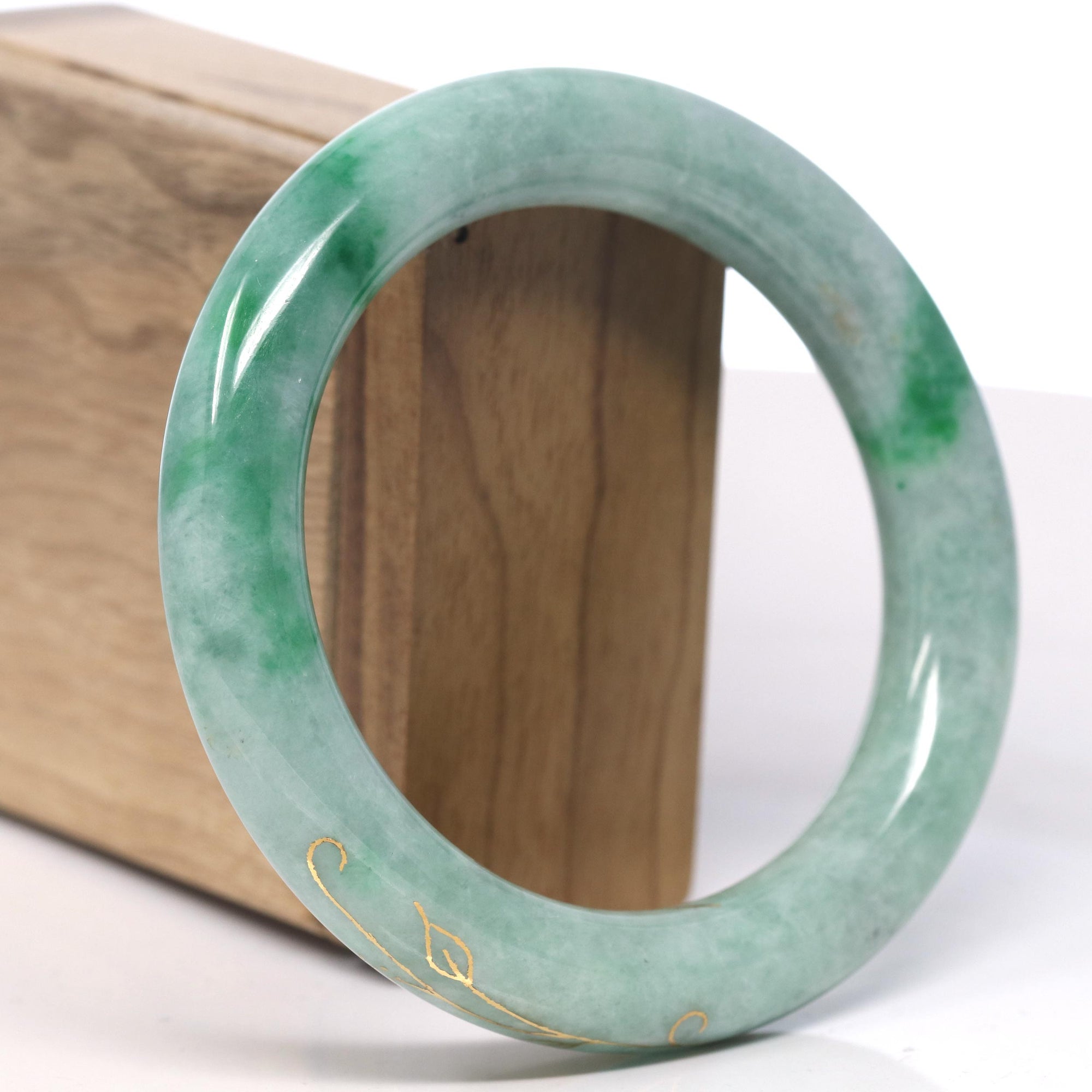 Baikalla 18k Inlay Rich Green Jadeite Jade Bangle Bracelet (59mm) 