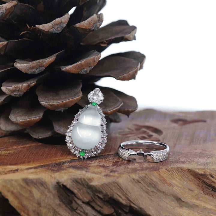 Baikalla Jewelry Jadeite Engagement Ring Baikalla "Hulu" 18k White Gold Natural Ice Jadeite Jade Pendant W/ Diamonds 2 in 1