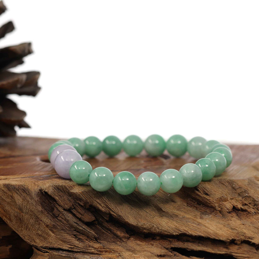 Baikalla Jewelry jade beads bracelet Natural Jadeite Jade Round Green & Lavender Beads Bracelet ( 9 mm )