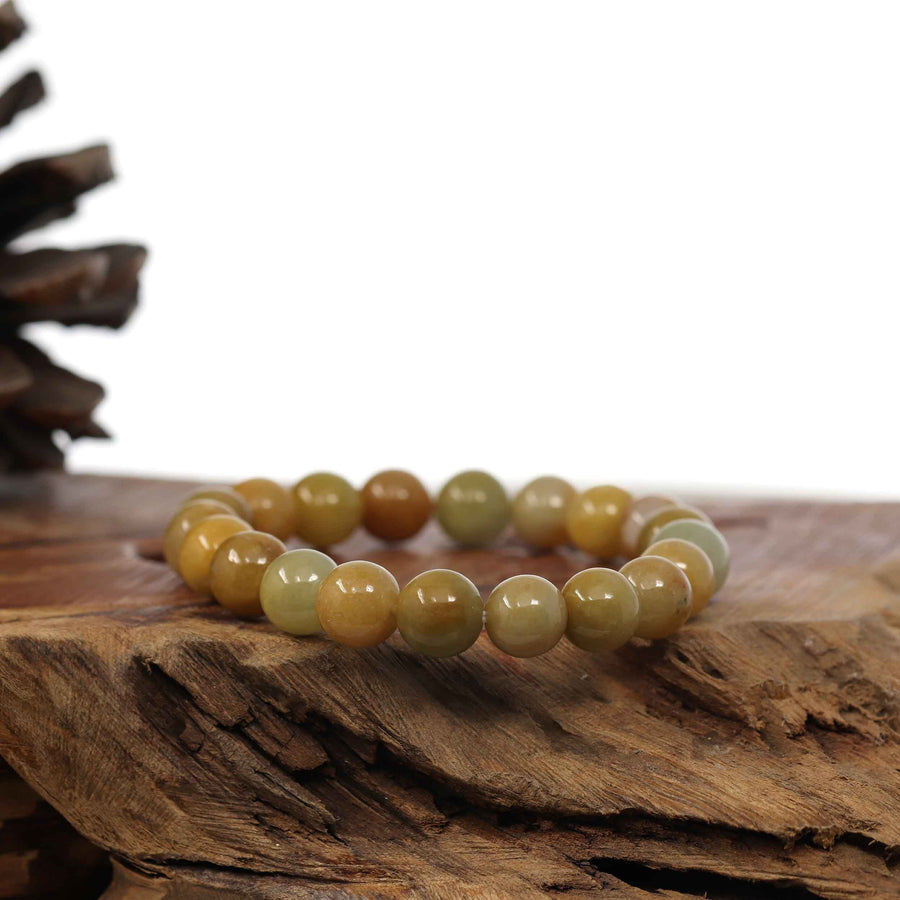 Baikalla Jewelry jade beads bracelet 6.5 inches Genuine Jadeite Jade Yellow Round Beads Bracelet ( 9.5 mm )