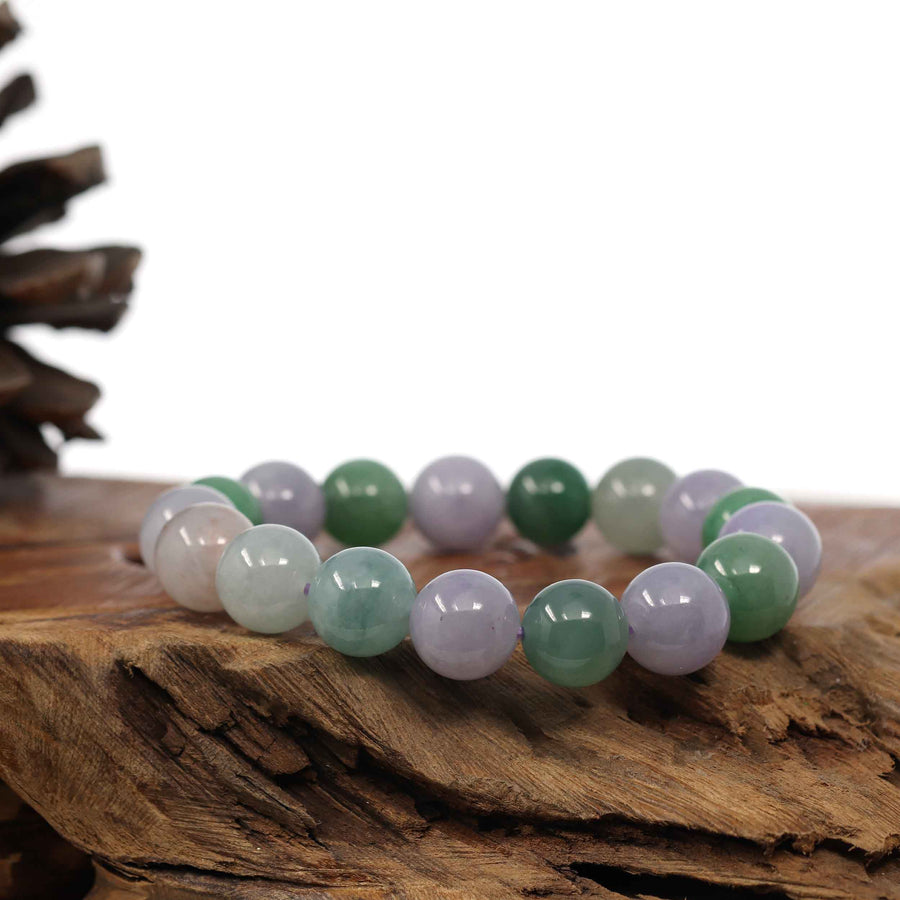 Baikalla Jewelry jade beads bracelet 6.5 inches High end Genuine Jadeite Jade Round Multiple Colors Beads Bracelet (12 mm)