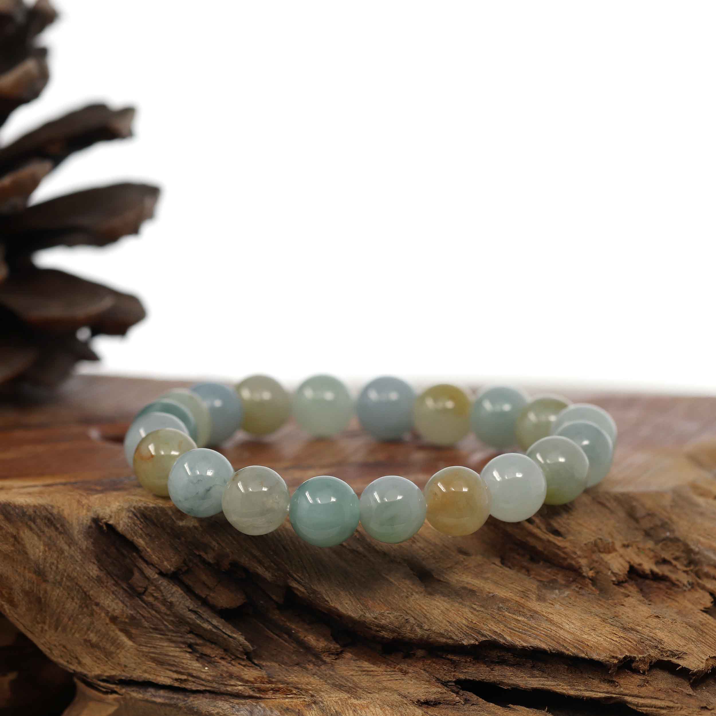 Genuine Ice Jadeite Jade Round Multiple Colors Beads Bracelet ( 9.5 mm ...