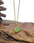 Baikalla Vibrant Green "Lucky Fish" Genuine Burmese Jadeite Jade Pendant W/ 18K Yellow Gold Bail & Diamonds