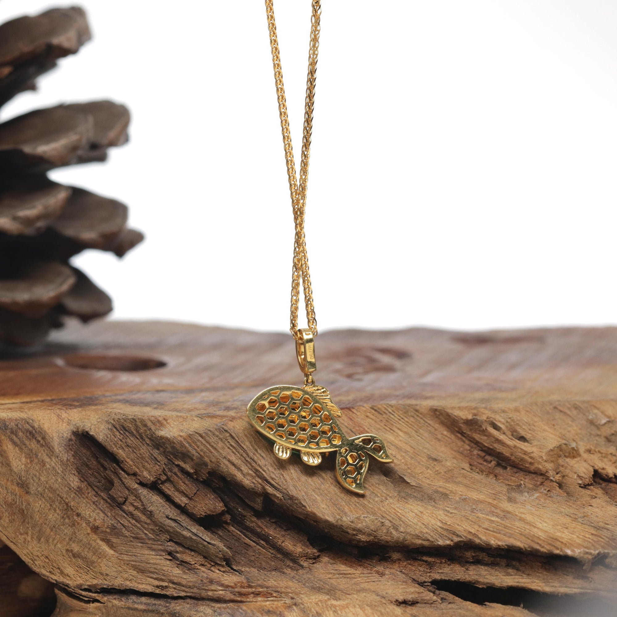 Baikalla Vibrant Green &quot;Lucky Fish&quot; Genuine Burmese Jadeite Jade Pendant W/ 18K Yellow Gold Bail &amp; Diamonds