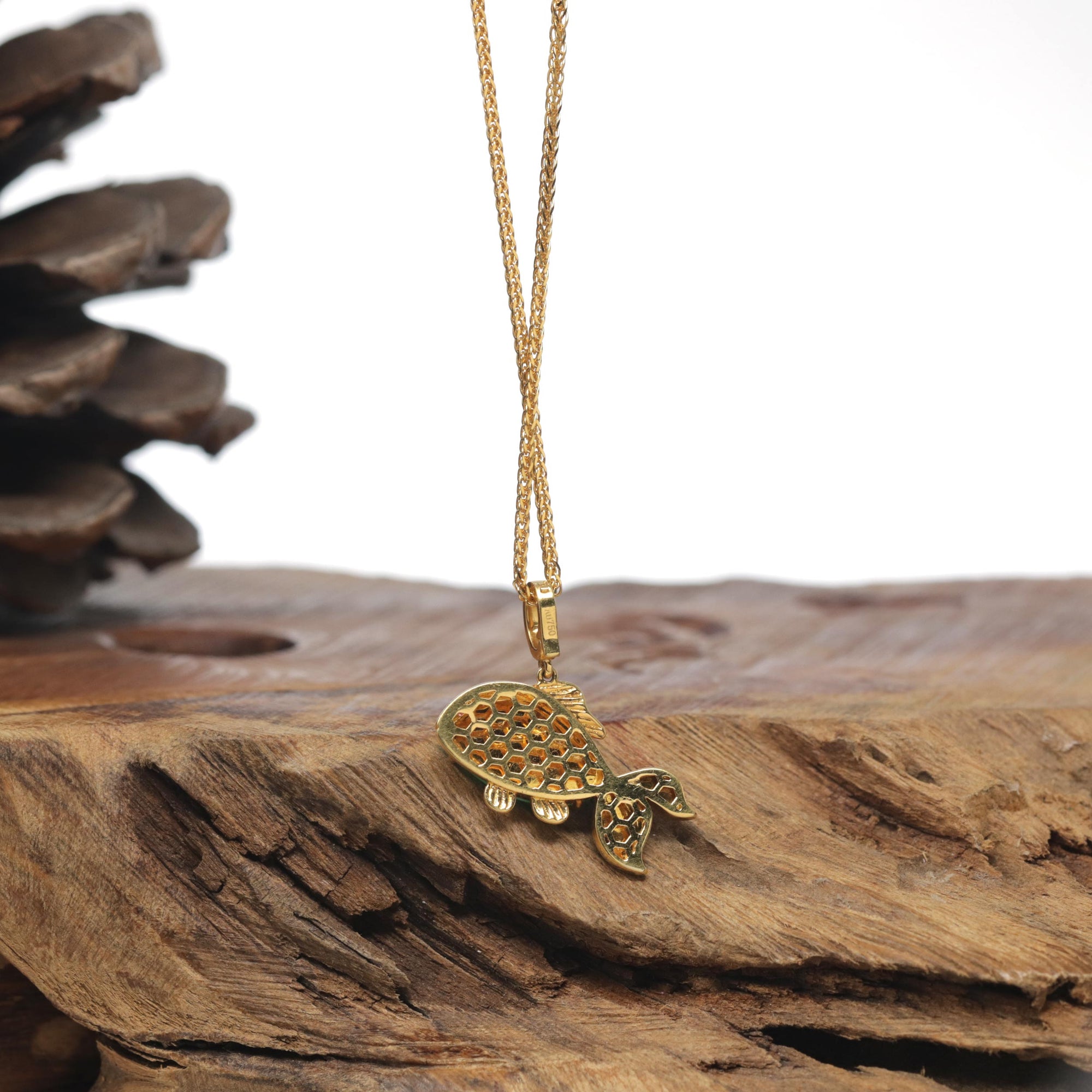 Baikalla Vibrant Green &quot;Lucky Fish&quot; Genuine Burmese Jadeite Jade Pendant W/ 18K Yellow Gold Bail &amp; Diamonds