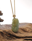 Baikalla Icy Oil-Green & Hazel "PiXiu" (Fortune Beast) Genuine Burmese Jadeite Jade Pendant W/ 18K Yellow Gold Bail