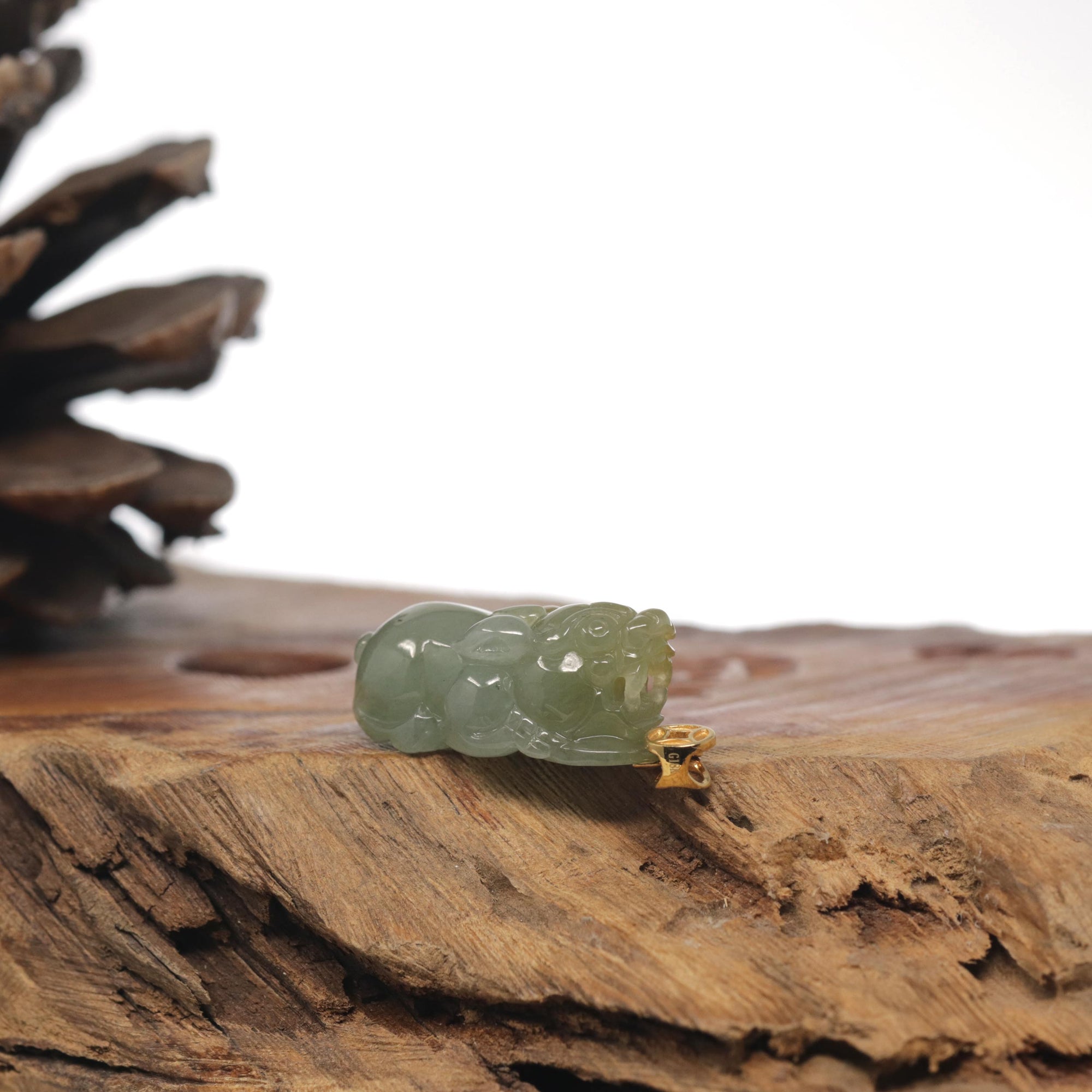 Baikalla Icy Oil-Green &amp; Hazel &quot;PiXiu&quot; (Fortune Beast) Genuine Burmese Jadeite Jade Pendant W/ 18K Yellow Gold Bail