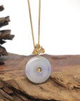Baikalla Icy & Vibrant Lavender "Ping An Kou" (Good Luck Button) Genuine Burmese Jadeite Jade Pendant W/ 18K Yellow Gold Bail & Diamonds