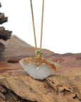 Baikalla Icy White & Red-Brown Genuine Burmese Jadeite Jade Butterfly Pendant W/ 18K Yellow Gold Bail