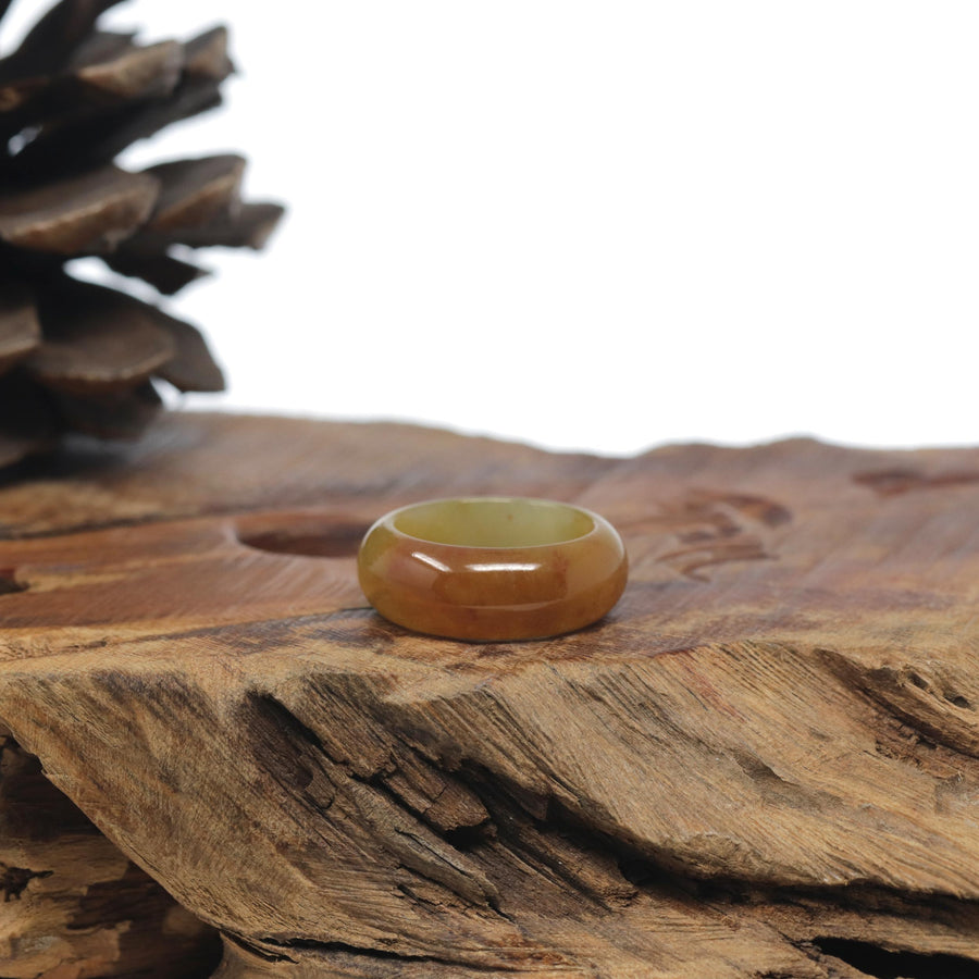 Baikalla Honey-Brown & Green Burmese Jadeite Jade Traditional Ring #6.25