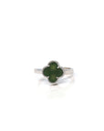 Baikalla Adjustable Sterling Silver Real Green Nephrite Jade Lucky Four Leaf Ring