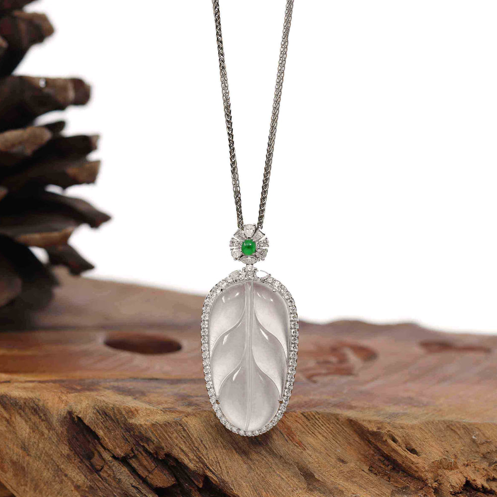Baikalla Jewelry Jade Guanyin Pendant Necklace High-end Genuine Ice Jadeite Jade Jin Zhi Yu Ye (Leaf) Necklace With 18k Gold & Diamond
