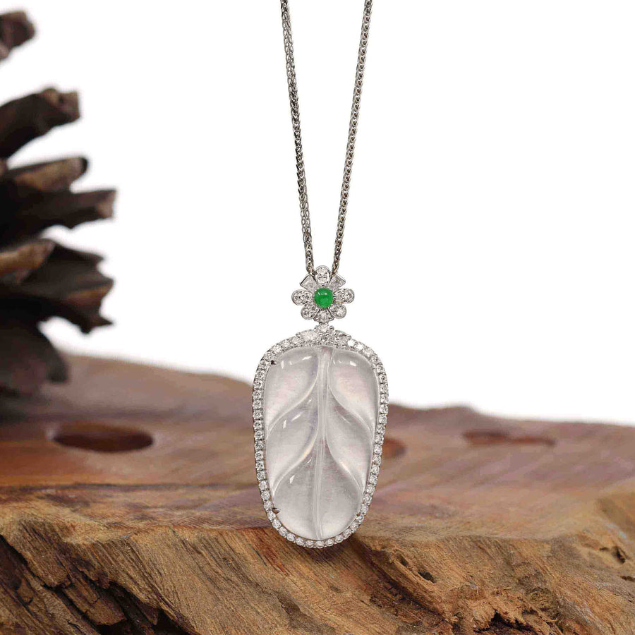 Baikalla Jewelry Jade Guanyin Pendant Necklace High-end Genuine Ice Jadeite Jade Jin Zhi Yu Ye (Leaf) Necklace With 18k Gold & Diamond