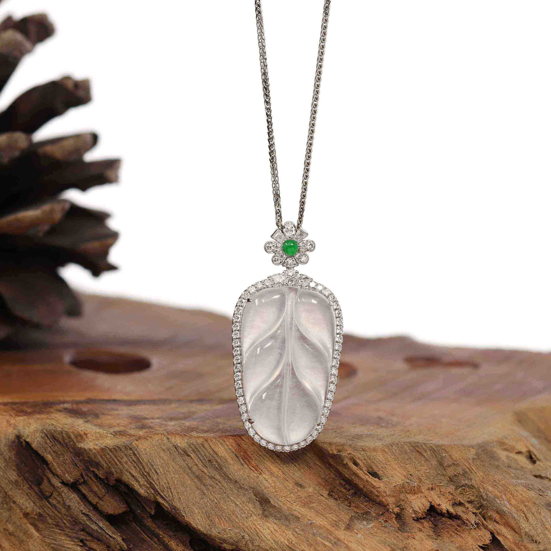 Baikalla Jewelry Jade Guanyin Pendant Necklace High-end Genuine Ice Jadeite Jade Jin Zhi Yu Ye (Leaf) Necklace With 18k Gold & Diamond