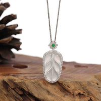 Baikalla Jewelry Jade Guanyin Pendant Necklace High-end Genuine Ice Jadeite Jade Jin Zhi Yu Ye (Leaf) Necklace With 18k Gold & Diamond