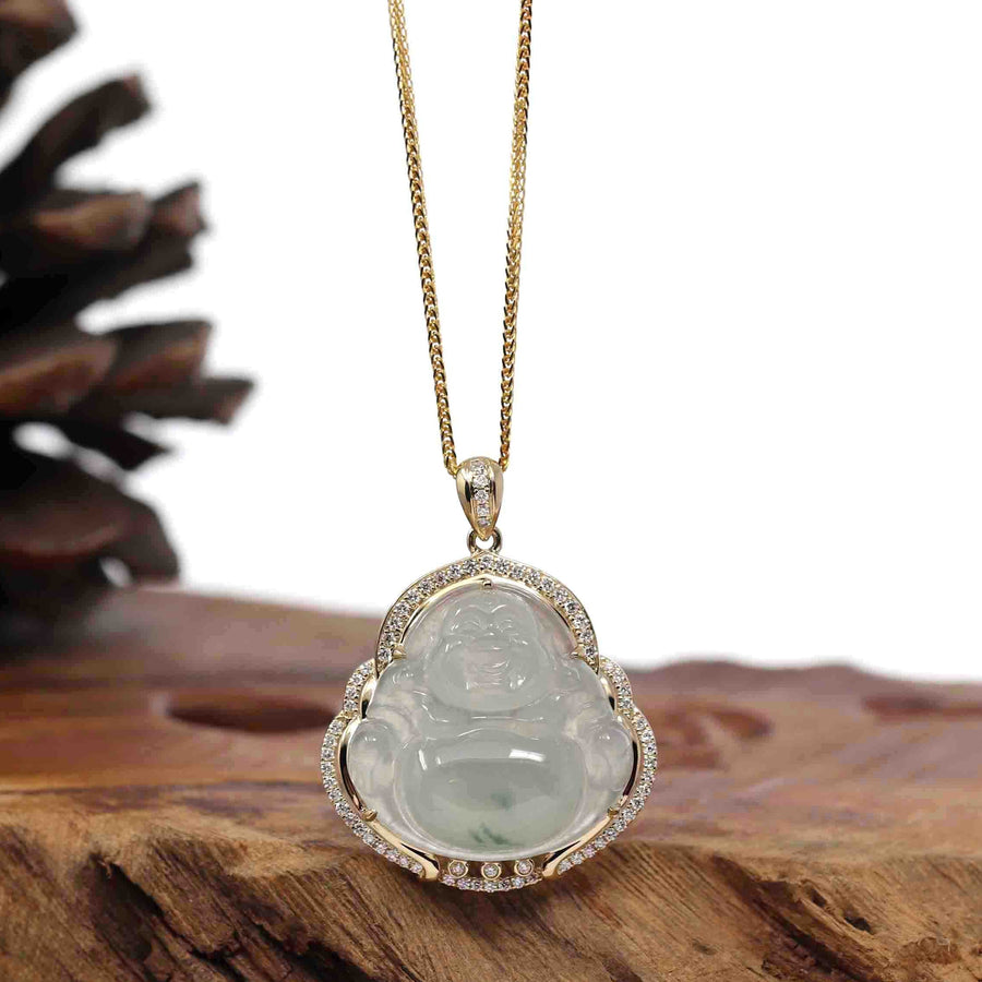 Baikalla Jewelry 18k Gold Jadeite Necklace Baikalla 14K Yellow Gold Genuine Burmese Ice Jadeite Jade Buddha Pendant with VS1 Diamonds High Jewelry
