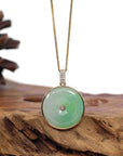 Baikalla Jewelry Gold Jadeite Jade Pendant Necklace 14K Yellow Gold "Good Luck Button" Necklace Ice Green Jadeite Jade Lucky KouKou Pendant Necklace