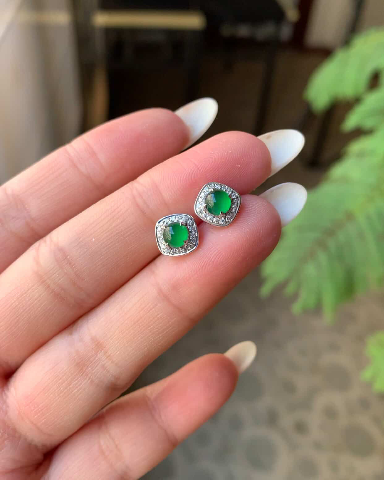 18K White Gold Imperial Green Cabochon Custom Earrings Diamonds And Gold Setting
