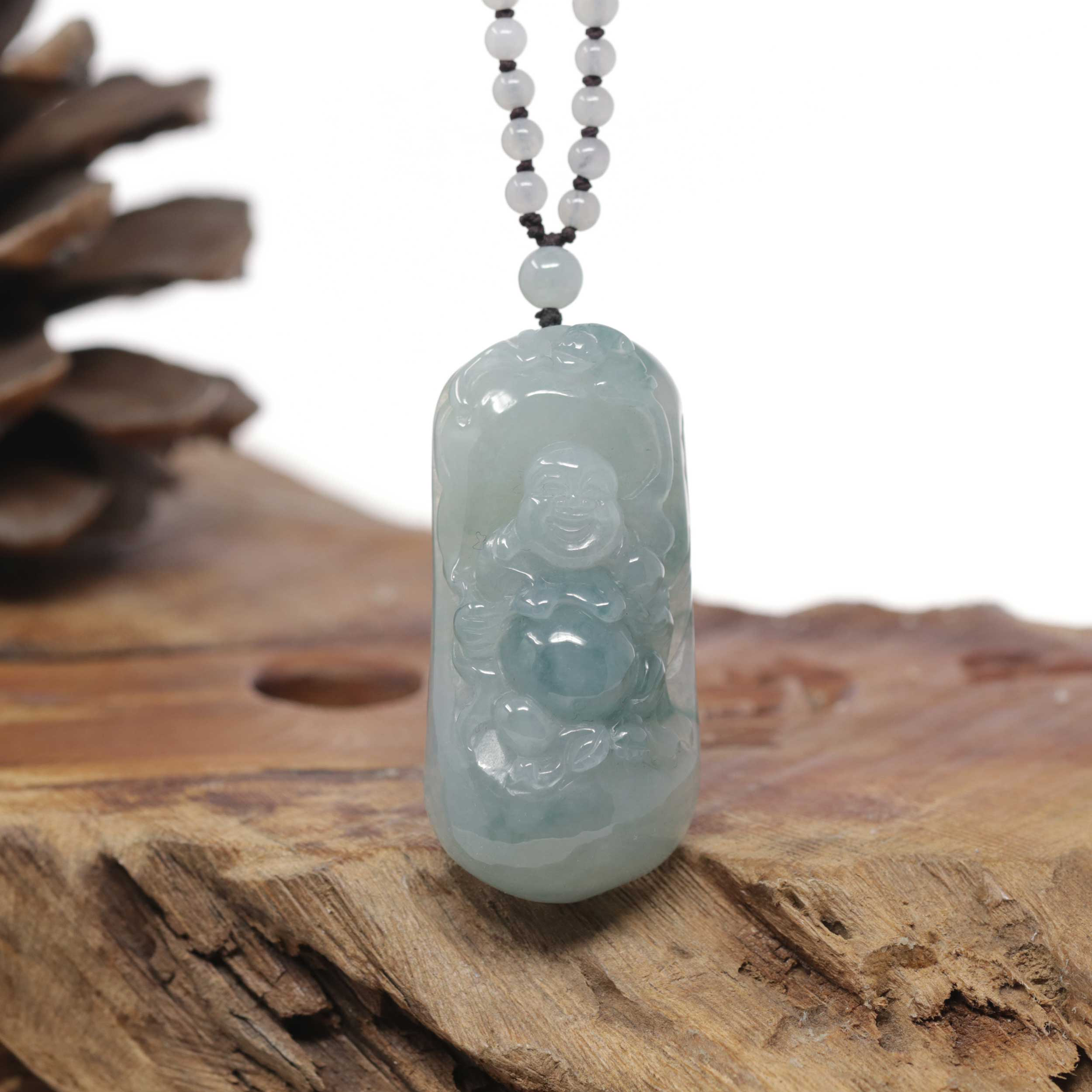 Baikalla Natural Icy Blue-Green Jadeite Jade "Happy Buddha &amp; Bat" Pendant W/ Beaded Necklace