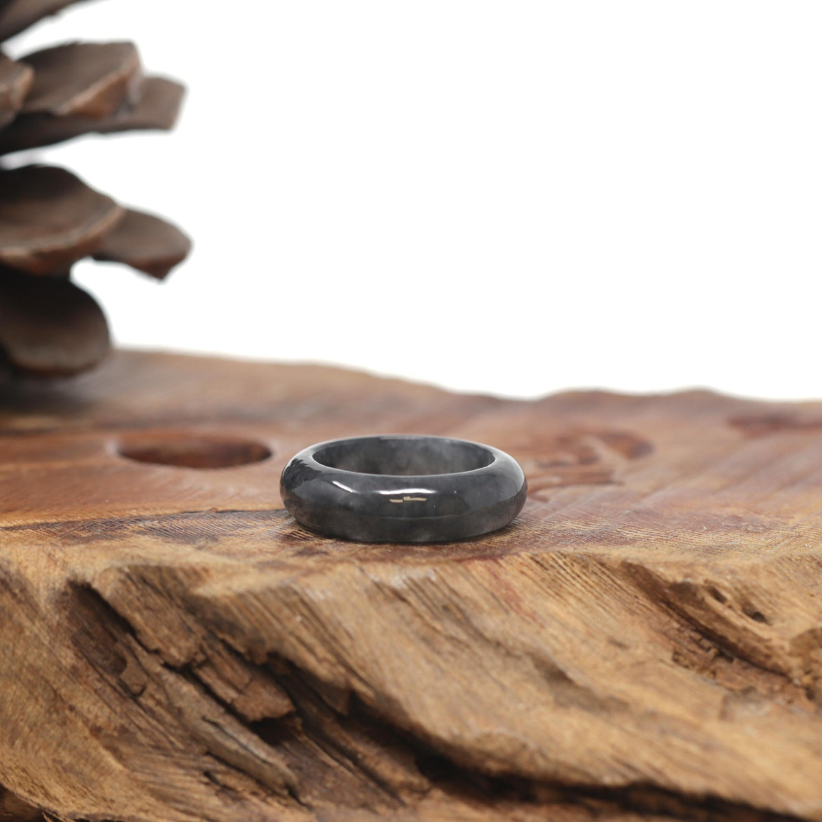 Baikalla Natural Icy Black Wuji Jadeite Jade Traditional Ring 