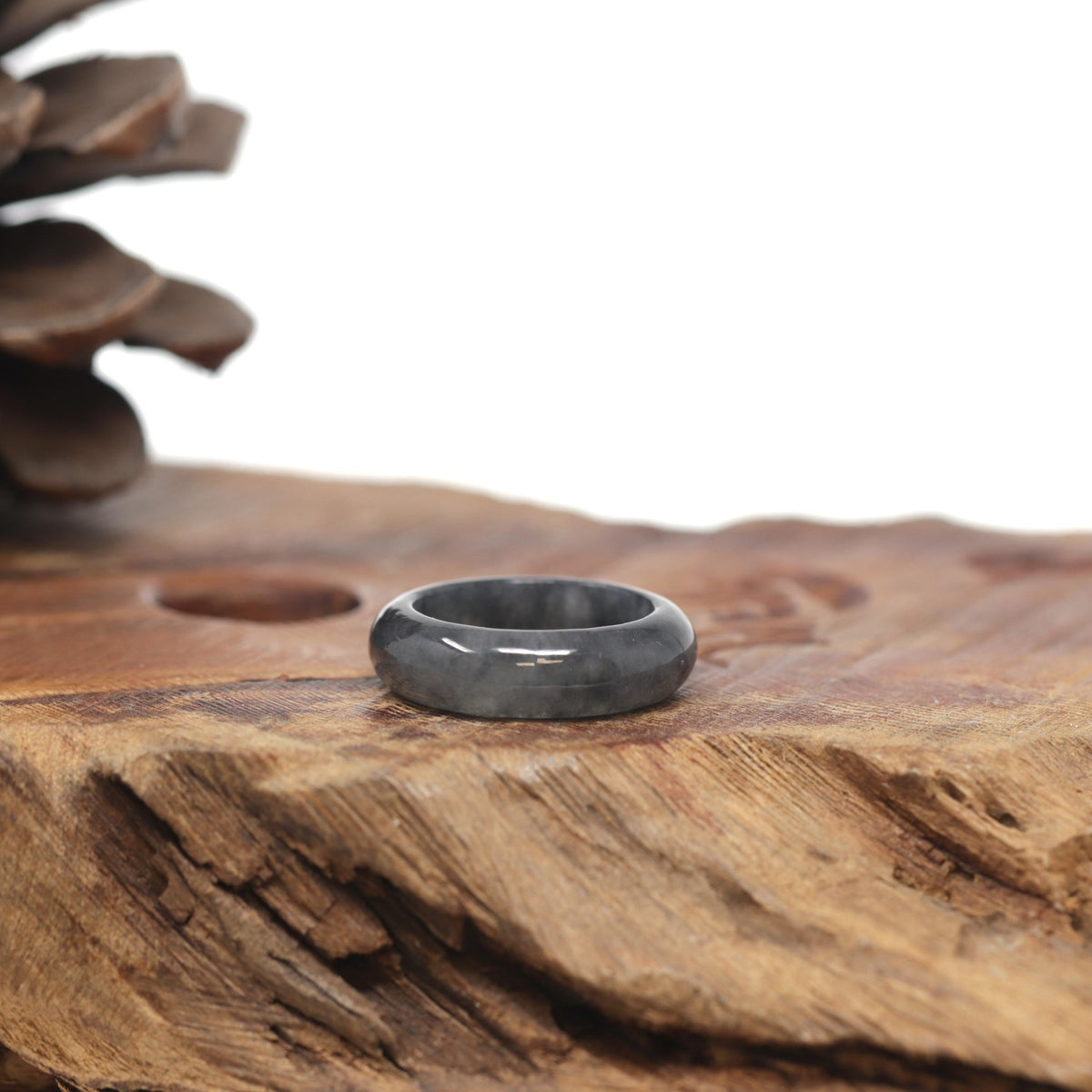 Baikalla Natural Icy Black Wuji Jadeite Jade Traditional Ring 