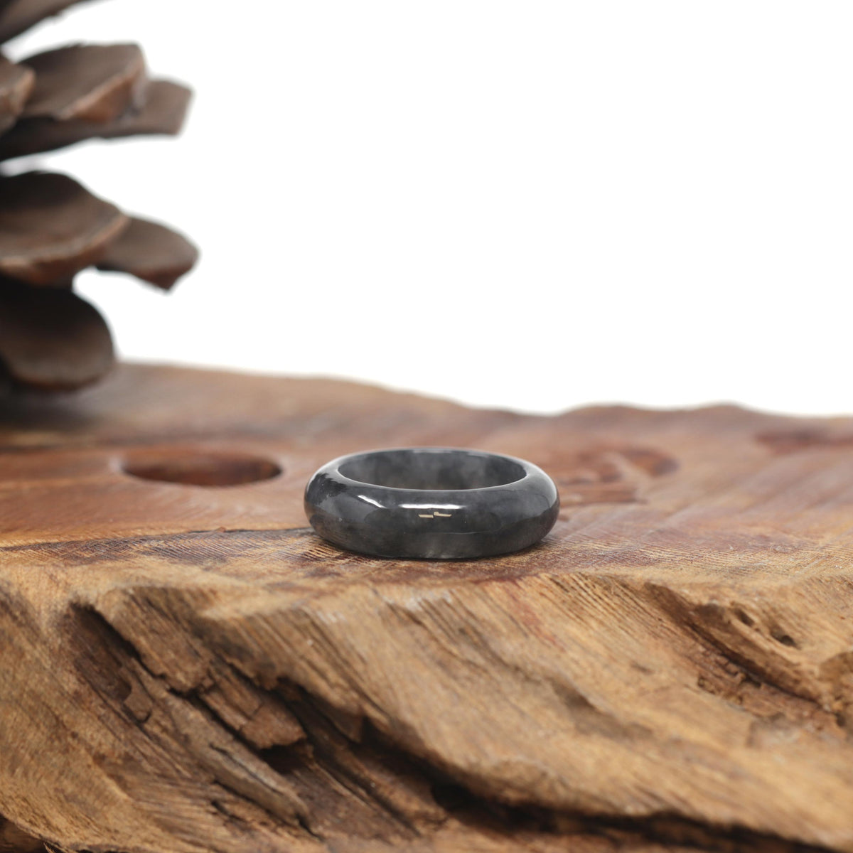 Baikalla Natural Icy Black Wuji Jadeite Jade Traditional Ring 
