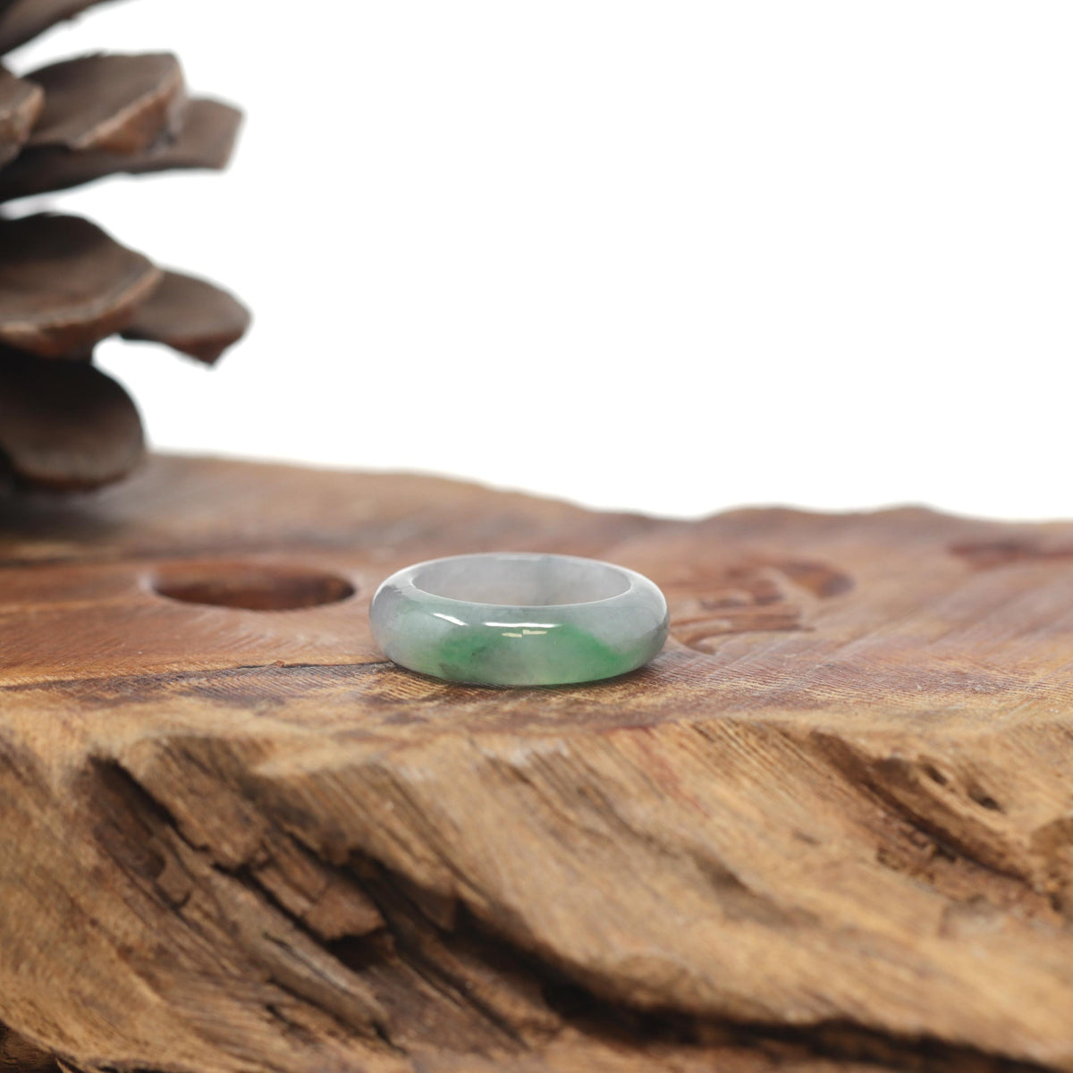 Baikalla Natural Icy Light Grey Wuji &amp; Apple-Green Jadeite Jade Traditional Ring 