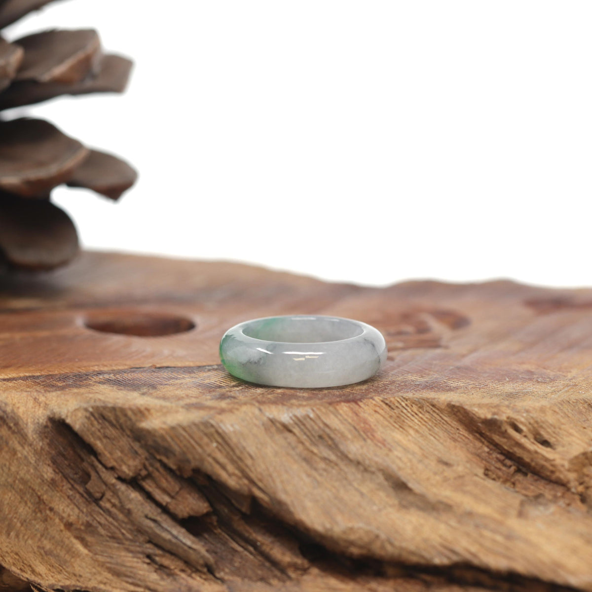 Baikalla Natural Icy Light Grey Wuji &amp; Apple-Green Jadeite Jade Traditional Ring 