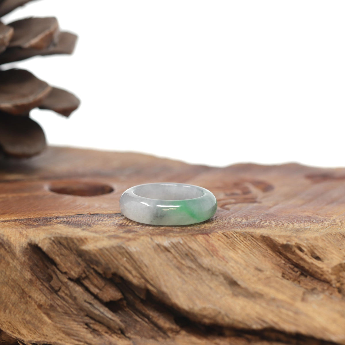Baikalla Natural Icy Light Grey Wuji &amp; Apple-Green Jadeite Jade Traditional Ring 